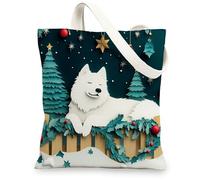 Christmas Samoyed Dog Canvas Tote Bag for Shopping 13 * 15, Xmas Novelty Forest Reusable Grocery Bag for Women, Pet Work Travel Pattern Gift Decor