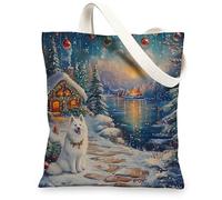 Christmas Samoyed Dog Canvas Tote Bag for Shopping 13 * 15, Xmas Snowy Scene Reusable Grocery Shoulder Bag for Women, Pet Painting Gift Decor