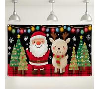 Christmas Santa and Reindeer Backdrop, Cute Holiday Decorations for Kids Party, Festive Indoor/Outdoor Photo Background for Christmas Events 71x43 Inch