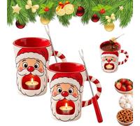 Christmas Santa Chocolate Fondue Mug Set Ceramic Melting Cup with Dipping Fork Personal Cheese Butter Chocolate Melting Pot for Holiday Desserts Candy Milk Gift Red，2pc