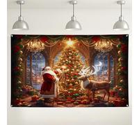 Christmas Santa Claus and Reindeer Wall Backdrop, Festive Holiday Decorations for Indoor/Outdoor Events, Winter Wonderland Photography Background 71x43 Inch