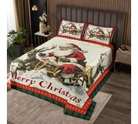 Christmas Santa Claus Bedspread King,Reindeer Sled Winter Xmas Snowflake Quilted Coverlet 3pcs for Adults Teens Room Decor,Vintage Red Green Plaids Patchwork Soft Breathable Bedding Quilt