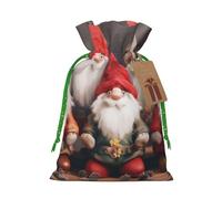 Christmas Santa Claus Gnomes Printed Christmas Drawstring Bags Reusable Bag for Party Xmas Gift Wrapping, Green Ribbon, S