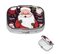 Christmas Santa Claus Pill Box with Mirror 2 Compartment Decorative Pill Case for Purse or Pocket Small Square Pill Organizer Weekly Metal Medicine Tablet Vitamin Holder Travel Gift