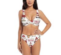 Christmas Santa Claus Print Women Swimsuit, Women's High-Waisted Bikini Set, Two-Piece Sport Bathing Suits Black