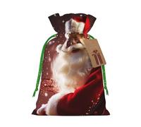 Christmas Santa Claus Printed Christmas Drawstring Bags Reusable Bag for Party Xmas Gift Wrapping, Green Ribbon, S
