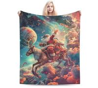 Christmas Santa Claus Riding Reindeer Flannel Blanket 150x200CM, Cozy and Christmas Throw for Couch, Bed, or Sofa, Santa on Reindeer Scene, Great for Friends, Family, and Children