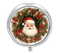 Christmas Santa Claus Wreath Pill Box 3 Compartment Travel Pill Organizer 3 Times A Day Cute Mini Pill Case for Purse & Pocket Portable Metal Medicine Box with Mirror Round Daily Medicine Vitamin Cont