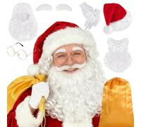 Christmas Santa Costume Set Includes Christmas Santa Hat Beard Wig White Gloves Glasses Present Bag for Xmas Costume (Gold Bag)