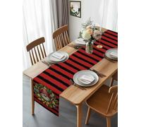 Christmas Santa Dwarf Wreath Table Runner 90 Inches Long, Classic Red Black Stripes Washable Table Runners Heat-Insulation Kitchen Dining Table Decorations for Home Party Decor 13x90in