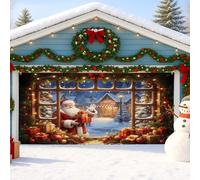 Christmas Santa Garage Door Cover, Festive Winter Wonderland Holiday Decorations for Outdoor and Indoor Use, Snowy Scene with Gifts and Lights 157x71 Inch
