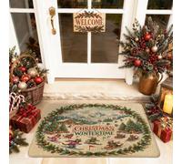 Christmas Santa German Shepherd Dog Skiing Black Door Mat Outside Inside Entrance 29x17 Inch, Winter Xmas Outdoor Non Slip Doormat, Small Sport Print Patio Garage Shoes Off Door Rug