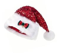 Christmas Santa Hat - 32 cm Red Sequin Plush Hat | Double Layer Thickened Soft Material with Bow Design | Perfect for Holiday Parties, Family Gatherings and Festive Outfits