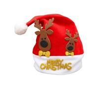 Christmas Santa Hat with Reindeer Appliqué, Merry Christmas Glitter | red and white fabric, 3D reindeer appliqué, gold glitter lettering, white pom-pom tip, festive party wear