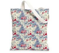 Christmas Santa Pattern Canvas Tote Bags, Holiday Vintage Design Lightweight Washable Grocery Bags for Shopping Outdoor Tra, Red, 13x15 Inch