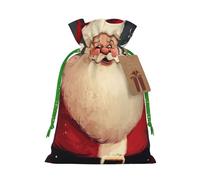 Christmas Santa Printed Christmas Drawstring Bags Reusable Xmas Bag for Party Xmas Gift Wrapping, Green Ribbon, S