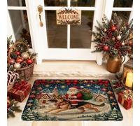 Christmas Santa Riding German Shepherd Dog Front Black Door Mat Outside Inside Entrance 29 * 17, Winter Country Outdoor Non Slip Doormat, Small Xmas Print Patio Garage Shoes Off Door Rug