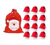 Christmas Santa Sack with 12 Santa Hats - Large Red Reusable Gift Bag with Drawstring Closure & Santa Claus Print - Perfect for Xmas Gift Wrapping, Stocking Fillers & Festive Celebrations"