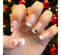 Christmas Santa & Snowman Press On Nails - 24Pcs Short Square False Nails with Snowflake & Tree Design, Reusable Acrylic Stick On for Women Winter Holiday Party Look