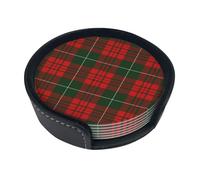 Christmas Scottish Tartan,Set of 6 Round Coasters, Pu Leather Drinks Coasters with Holder for Home Office Kitchen