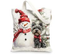 Christmas Scottish Terrier Dog Canvas Tote Bag for Shopping 13 * 15, Xmas Snowmen Tree Reusable Grocery Bag for Women, Pet Work Travel Painting Gift Decor