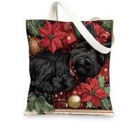 Christmas ScottishTerrier Dog Canvas Tote Bag for Shopping 13 * 15, Vintage Xmas Poinsettia Puppy Reusable Grocery Bag for Women, Fun Retro Aesthetic Painting Gift Decor