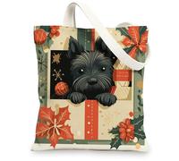 Christmas ScottishTerrier Dog Canvas Tote Bag for Shopping 13 * 15, Vintage Xmas Poinsettia Puppy Reusable Grocery Bag for Women, Fun Retro Aesthetic Painting Gift Decoration