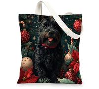 Christmas ScottishTerrier Dog Canvas Tote Bag for Shopping 13x15, Xmas Candy Poinsettia Puppy Reusable Grocery Print Bag for Women Men, Holiday Pet Aesthetic Painting Gift Decor