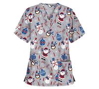 Christmas Scrub Tops Beauty Salon Mock Wrap Uniform Nursing Cute Print for Career Day Work Tunics for Women Work Tunics Uniform Nurses Top Santa Claus Dog Grooming Care Nursing Uniform