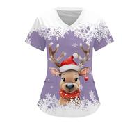 Christmas Scrub Tops for Women UK Cute Reindeer Santa Print Nurses Uniform V Neck Short Sleeve Medical Uniforms Work Tunic Tops with Pockets Care Tunic for Nurses, Dentists, Doctors