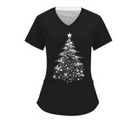 Christmas Scrub Tops for Women UK Cute Reindeer Santa Print Nurses Uniform V Neck Short Sleeve Medical Uniforms Work Tunic Tops with Pockets Care Tunic for Nurses, Dentists, Doctors