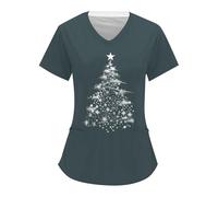 Christmas Scrub Tops for Women UK Cute Reindeer Santa Print Nurses Uniform V Neck Short Sleeve Medical Uniforms Work Tunic Tops with Pockets Care Tunic for Nurses, Dentists, Doctors