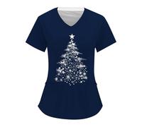 Christmas Scrub Tops for Women UK Cute Reindeer Santa Print Nurses Uniform V Neck Short Sleeve Medical Uniforms Work Tunic Tops with Pockets Care Tunic for Nurses, Dentists, Doctors (Navy, XXL)