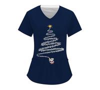 Christmas Scrub Tops for Women UK Cute Reindeer Santa Print Nurses Uniform V Neck Short Sleeve Medical Uniforms Work Tunic Tops with Pockets Care Tunic for Nurses, Dentists, Doctors (Navy, XL)