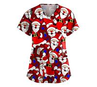 Christmas Scrub Tops Nursing Xmas Graphic Care Uniform Beauty Salon Workwear Health Care Workers Scrub Tops for Women UK Uniform Beauty Salon Santa Claus Wrap Mock Doctors Hospital Ladies Scrubs