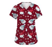 Christmas Scrubs for Women Nurse Medical Uniforms Xmas Hospital Top V-Neck Work Santa Scrub Tops with Pockets 02-Wine L
