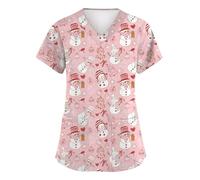 Christmas Scrubs for Women Nurse Medical Uniforms Xmas Hospital Top V-Neck Work Santa Scrub Tops with Pockets 04-Pink S