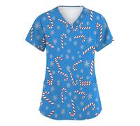 Christmas Scrubs for Women Nurse Medical Uniforms Xmas Hospital Top V-Neck Work Santa Scrub Tops with Pockets 04-Blue L