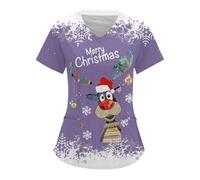 Christmas Scrubs Top Nurse Wrap Mock Cute Short Sleeve V-Neck Xmas Printed Nurses Top Work Tunics Dog Grooming Scrub Tops for Women with Pockets Care Uniform with Pockets Purple