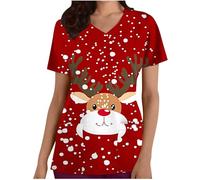 Christmas Scrubs Top Santa Claus Print V-Neck Tops Nurse for Women 2024 Medical Uniform Xmas V-Neck Working Uniforms Adult Santa Workwear 2024 Medical Uniform Nurse Hospital Tops 3XL
