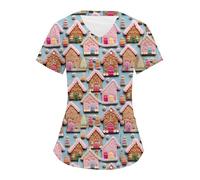Christmas Scrubs Top Women V-Neck Cute Santa 3D Claus Printed Nurses Scrub Top Short Sleeve Work Tunics Dog Grooming Beauty Xmas Tunic Uniform Health Care Workers Uniform Graphic Tees Blouse