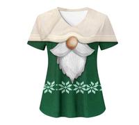 Christmas Scrubs Top Women V-Neck Wrap Mock Cute Santa Claus Printed Nurses Top Short Sleeve Work Tunics Dog Grooming Beauty Tunic Uniform Health Care Workers Care Uniform with Pockets