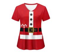 Christmas Scrubs Top Women V-Neck Wrap Mock Cute Santa Claus Printed Nurses Top Short Sleeve Work Tunics Dog Grooming Beauty Tunic Uniform Health Care Workers Care Uniform with Pockets