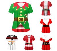 Christmas Scrubs Top Women V-Neck Wrap Mock Cute Santa Claus Printed Nurses Top Short Sleeve Work Tunics Dog Grooming Beauty Tunic Uniform Health Care Workers Care Uniform with Pockets