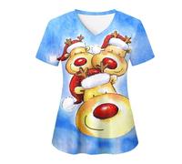 Christmas Scrubs Top Women V-Neck Wrap Mock Cute Santa Claus Printed Nurses Top Short Sleeve Work Tunics Dog Grooming Beauty Tunic Uniform Health Care Workers Care Uniform with Pockets