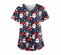 Christmas Scrubs Tops for Women V Neck Short Sleeve Medical Scrubs Trendy Breathable Beauty Uniform Comfy Work Slim Fit Blouse Holiday Healthcare Work Shirt UK