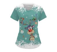 Christmas Scrubs Tops Nurse Beauty Salon Shirt Short Sleeve V-Neck Care Work Tunics Womens Dog Grooming Scrubs Doctors Hospital Work Top for Ladies Care Uniform with Pockets