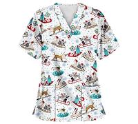 Christmas Scrubs Tops Nurse Cat Grooming Dog Grooming Workwear Uniform Work Tops Uniform Tunics Nurse Uniforms Women UK Beauty Tunic Care Work Shirt V-Neck Short Sleeve Santa Claus Healthcare Tunic
