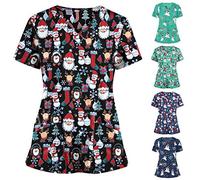 Christmas Scrubs Tops Nurse Funny Xmas Santa Claus Print Tunic Tops Short Sleeve Uniform Top V Neck Dressy Shirt Practical Caregiver Workwear with Pockets Christmas Tunics for Nurses 2026