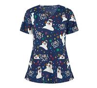 Christmas Scrubs Tops Nurse Funny Xmas Santa Claus Print Tunic Tops Short Sleeve Uniform Top V Neck Dressy Shirt Practical Caregiver Workwear with Pockets Christmas Tunics for Nurses